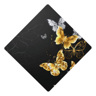 Gold and white butterflies graduation cap topper