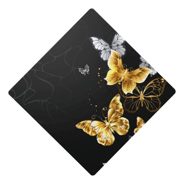 Gold and white butterflies graduation cap topper (Front)