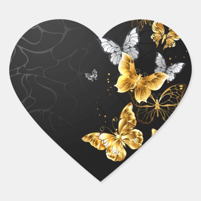 Gold and white butterflies heart sticker (Front)