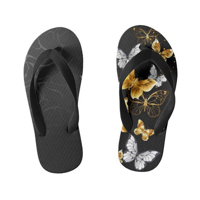 Gold and white butterflies kid's flip flops (Footbed)
