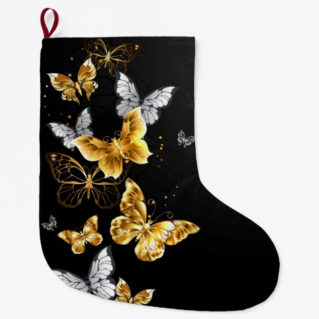 Gold and white butterflies large christmas stocking (Front)
