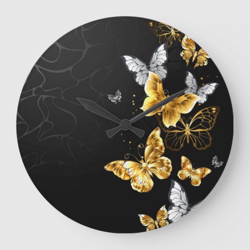 Gold and white butterflies large clock