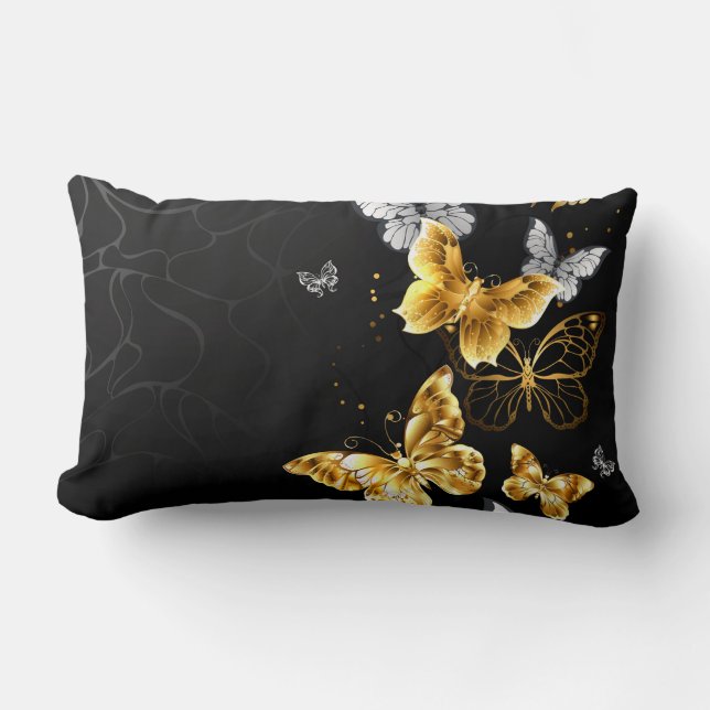 Gold and white butterflies lumbar pillow (Front)