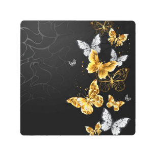 Gold and white butterflies metal print