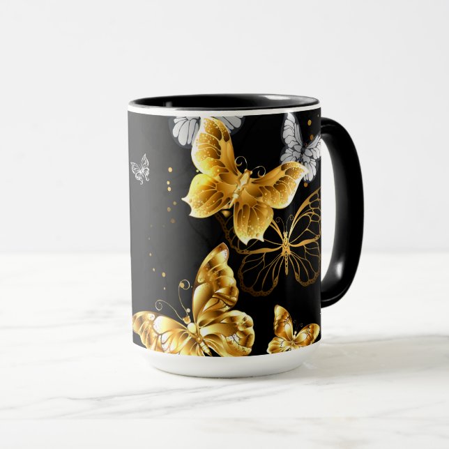 Gold and white butterflies mug (Front Right)