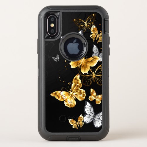 Gold and white butterflies OtterBox defender iPhone x case