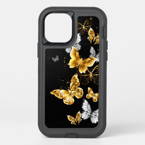 Gold and white butterflies OtterBox defender iPhone 12 pro case