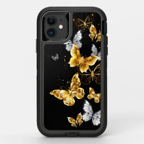 Gold and white butterflies OtterBox defender iPhone 11 case