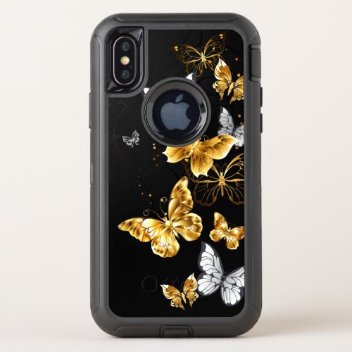 Gold and white butterflies OtterBox defender iPhone XS case