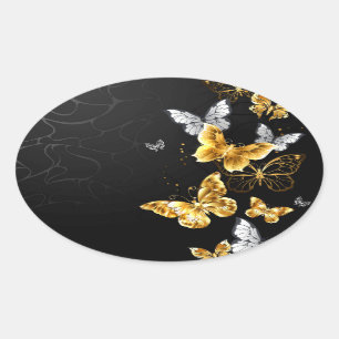 Gold and white butterflies oval sticker