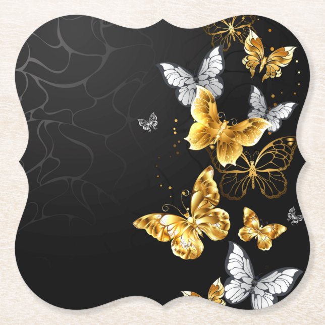 Gold and white butterflies paper coaster (Front)