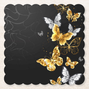 Gold and white butterflies paper coaster