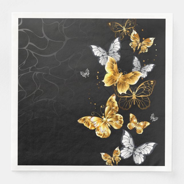 Gold and white butterflies paper dinner napkins (Front)