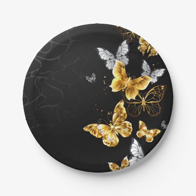 Gold and white butterflies paper plates (Front)