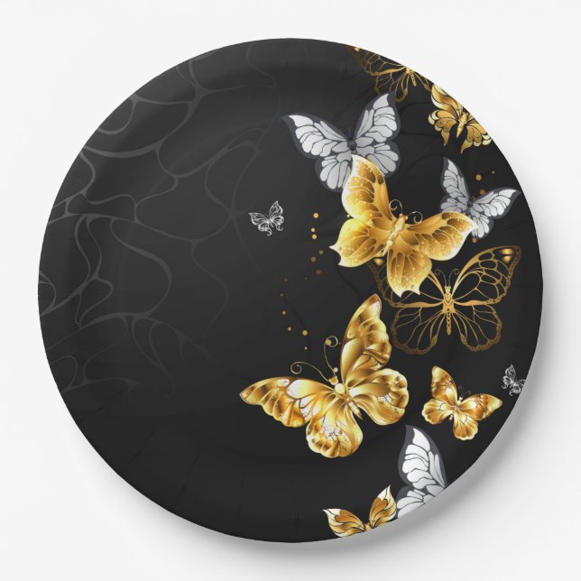 Gold and white butterflies paper plates (Front)