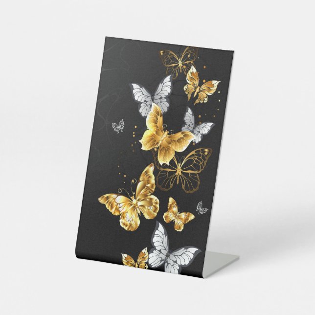 Gold and white butterflies pedestal sign (Front)