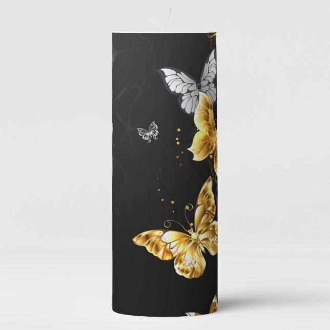 Gold and white butterflies pillar candle (Front)