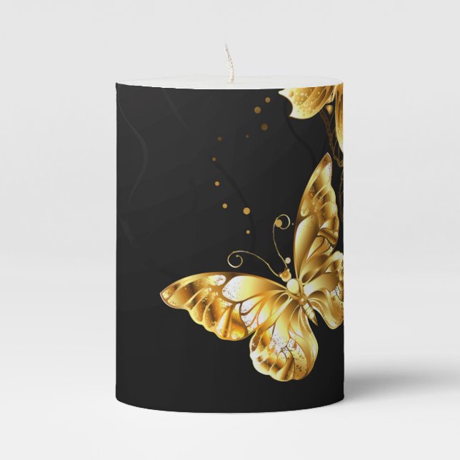 Gold and white butterflies pillar candle (Front)