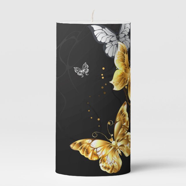 Gold and white butterflies pillar candle (Front)