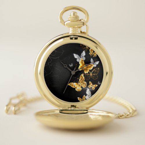 Gold and white butterflies pocket watch