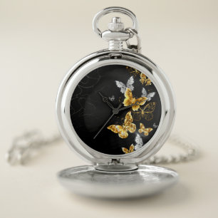 Gold and white butterflies pocket watch