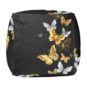 Gold and white butterflies pouf