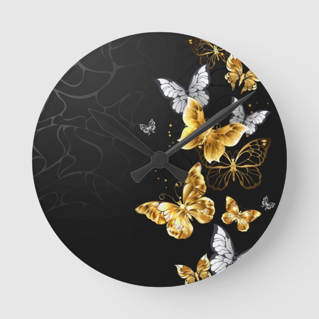 Gold and white butterflies round clock (Front)