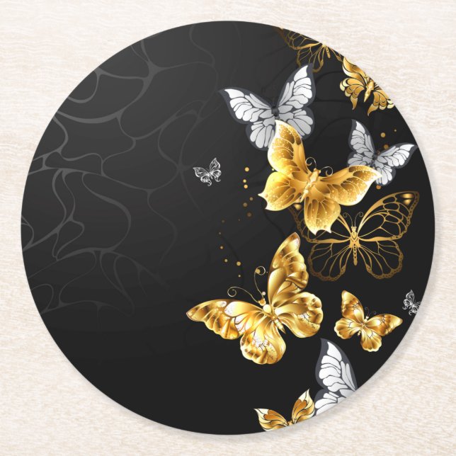 Gold and white butterflies round paper coaster (Front)