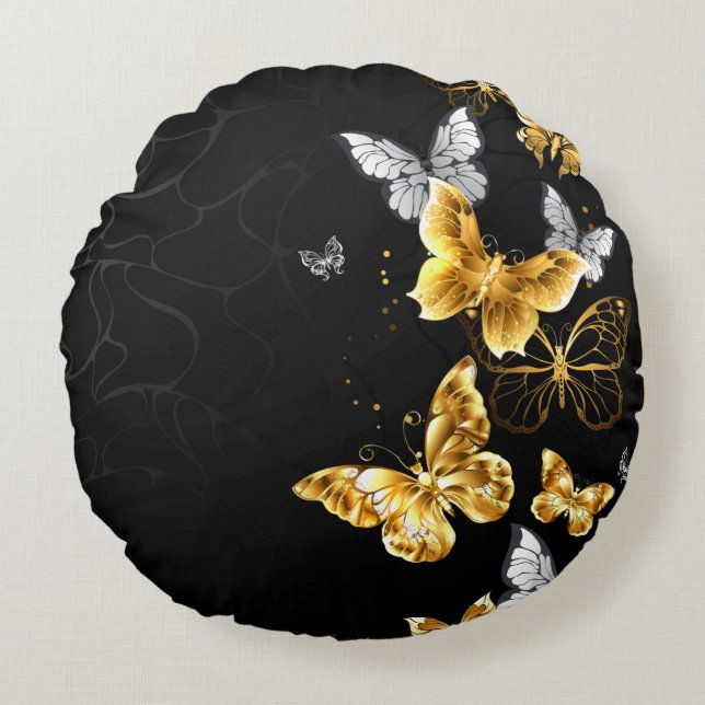 Gold and white butterflies round pillow (Front)