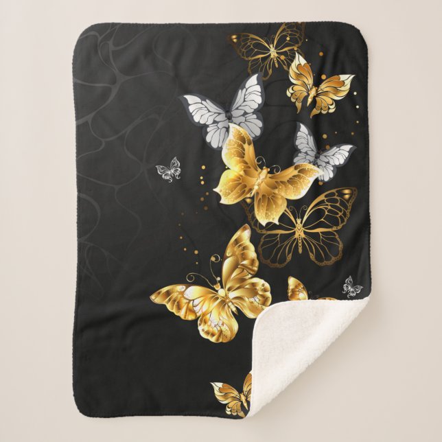Gold and white butterflies sherpa blanket (Front)