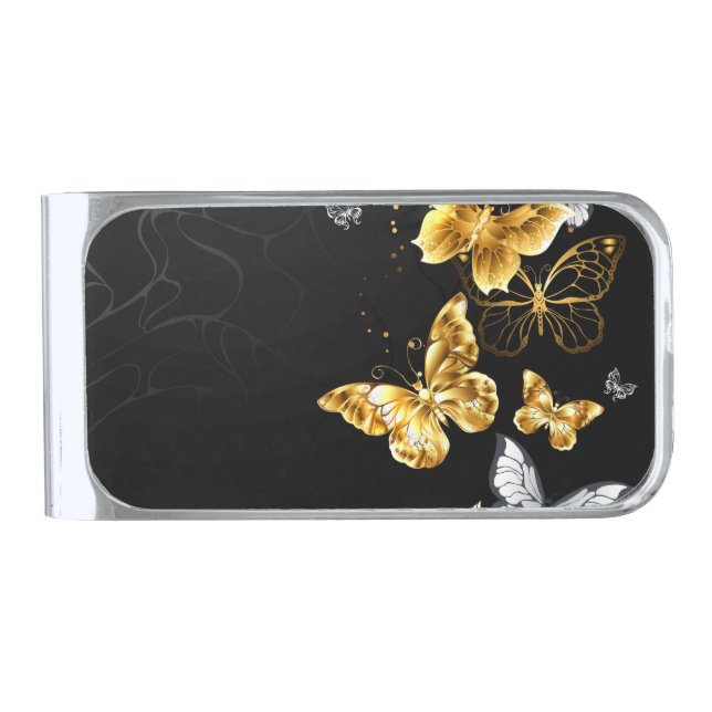 Gold and white butterflies silver finish money clip (Front)