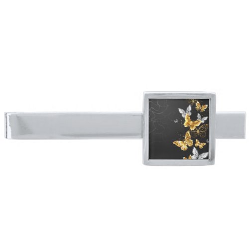 Gold and white butterflies silver finish tie bar
