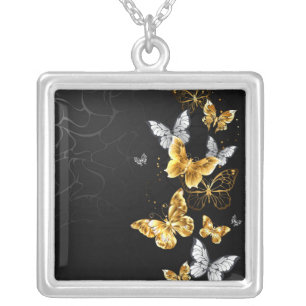 Gold and white butterflies silver plated necklace