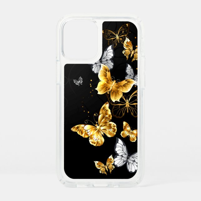 Gold and white butterflies speck iPhone 12 mini case (Front)