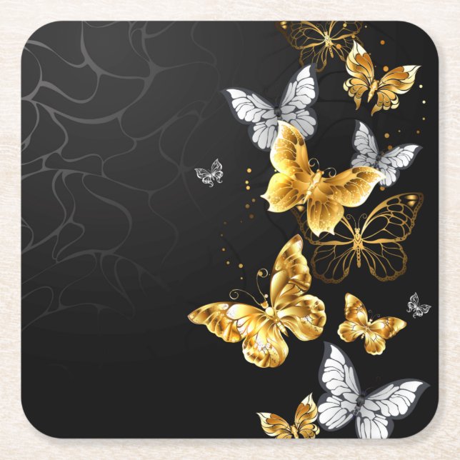 Gold and white butterflies square paper coaster (Front)