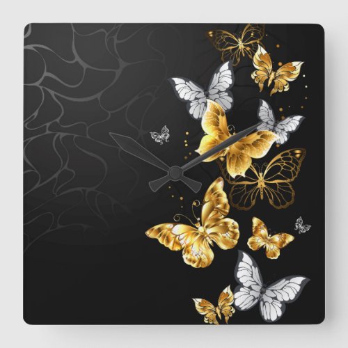 Gold and white butterflies square wall clock