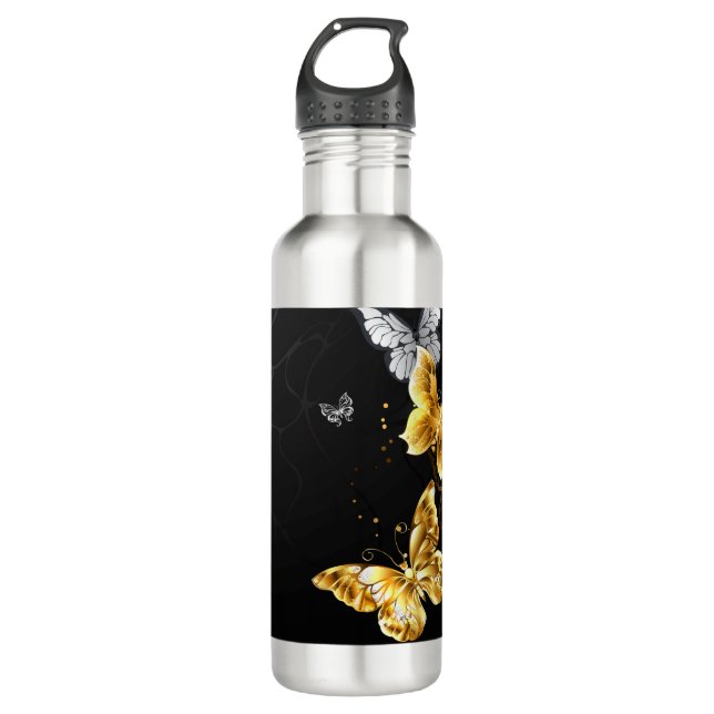 Gold and white butterflies stainless steel water bottle (Front)