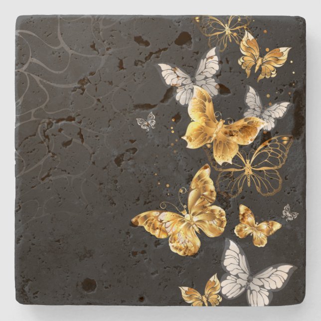 Gold and white butterflies stone coaster (Front)