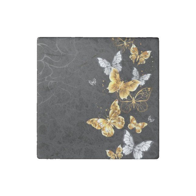 Gold and white butterflies stone magnet (Front)