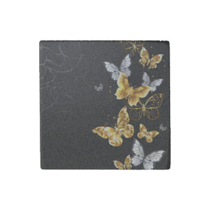 Gold and white butterflies stone magnet