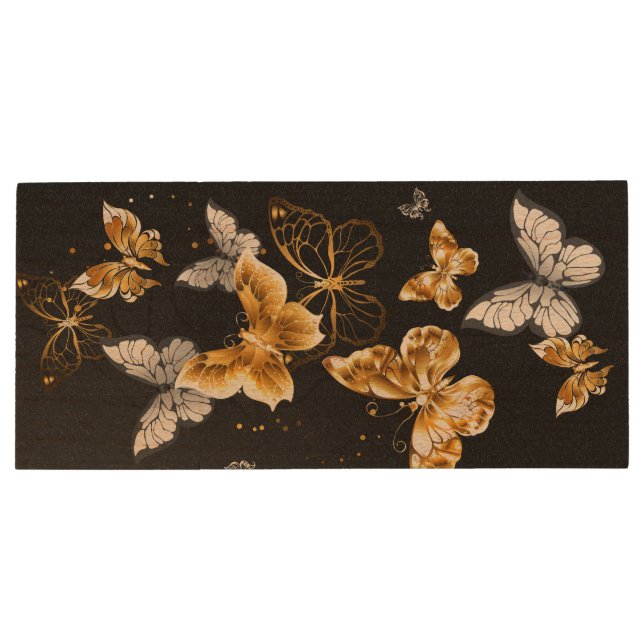 Gold and white butterflies wood flash drive (Back)