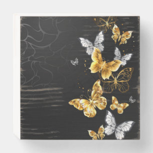 Gold and white butterflies wooden box sign