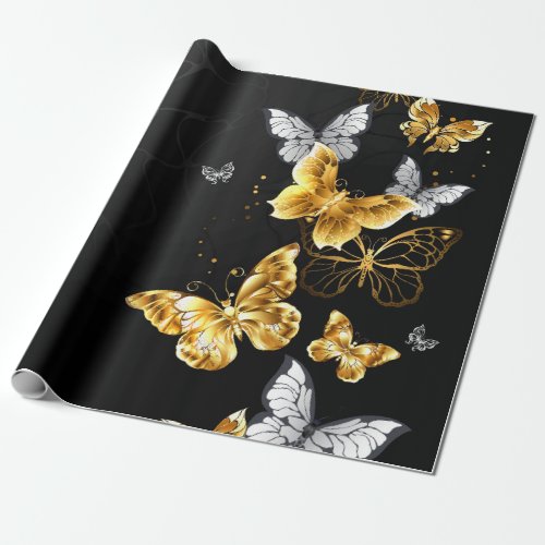 Gold and white butterflies wrapping paper