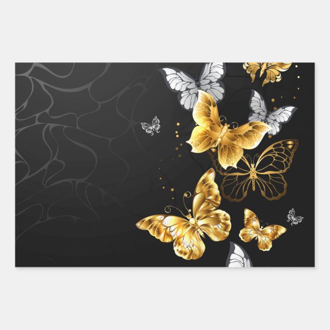 Gold and white butterflies wrapping paper sheets (Front)