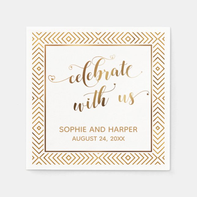 Gold and White Celebrate with Us, Hearts Diamonds Napkins (Front)
