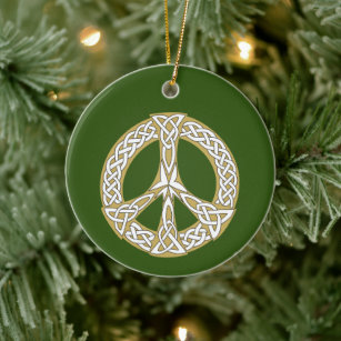 Gold and White Celtic Peace Sign  Personalized Ceramic Ornament