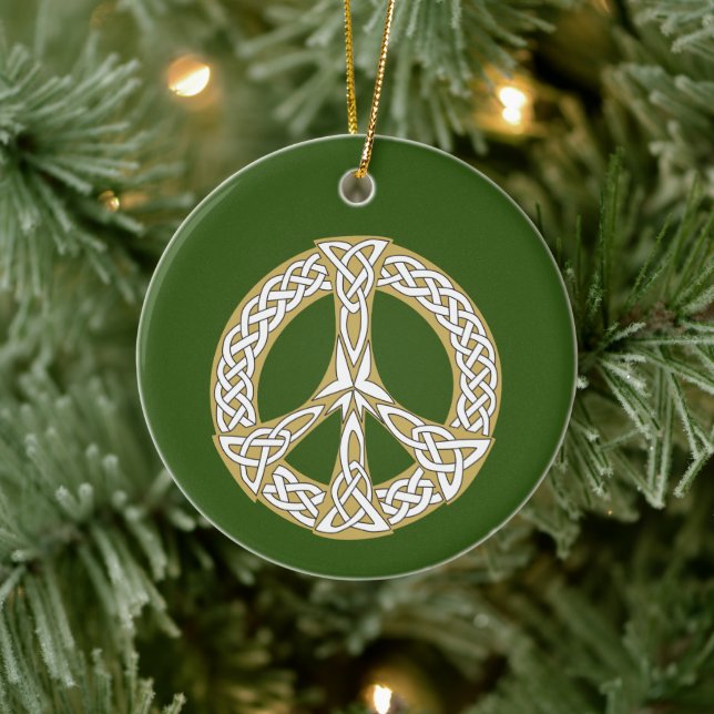Gold and White Celtic Peace Sign  Personalized Ceramic Ornament (Tree)