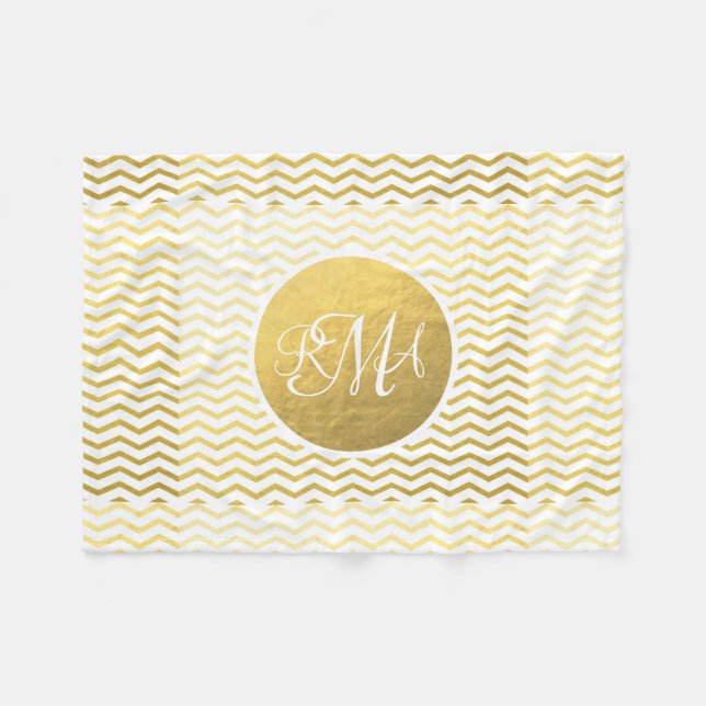 Gold and White Chevron Monogrammed Personalized Fleece Blanket (Front (Horizontal))
