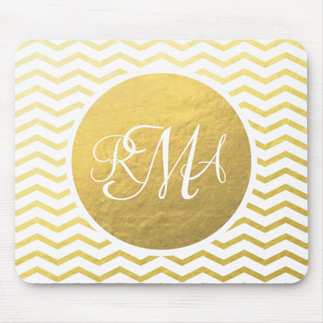 Gold and White Chevron Monogrammed Personalized Mouse Pad (Front)