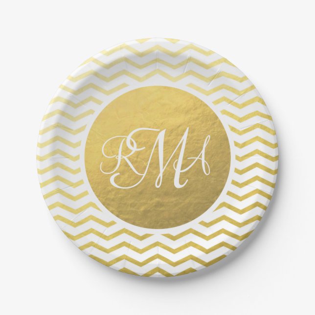 Gold and White Chevron Monogrammed Personalized Paper Plates (Front)